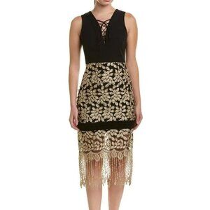 Belle by Badgley Mischka Willa Black Gold Fringe Dress Size 8